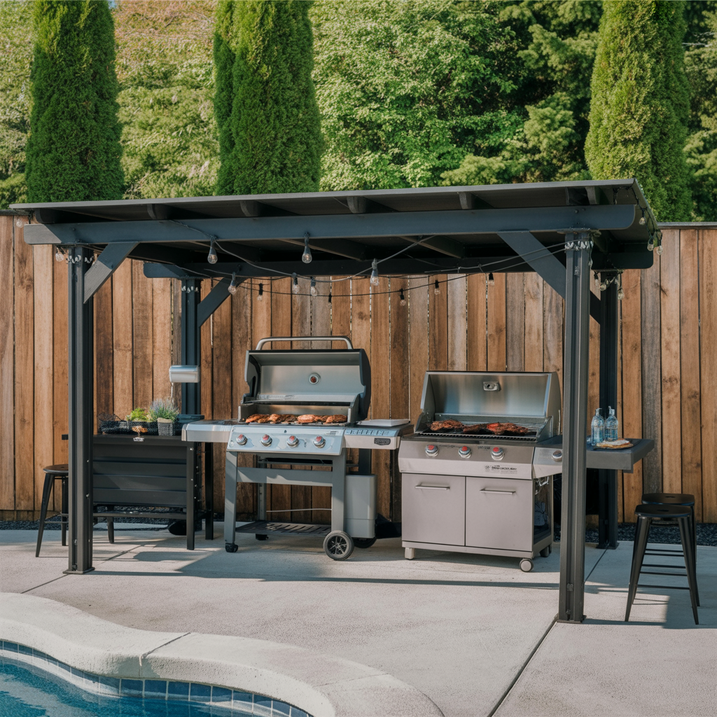 Large Modern BBQ Grill Gazebo – Outdoor Grill Shelter with Dual Grills & Bar Seating