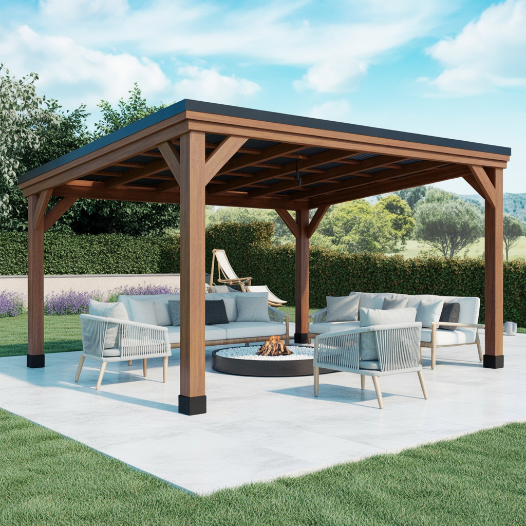 Modern Flat Roof Wooden Gazebo – Outdoor Patio Pergola for Backyard Lounge & Garden