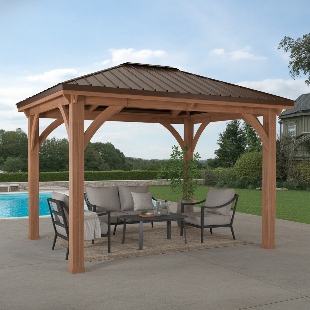 Wooden Gazebo with Metal Roof – Outdoor Patio Pavilion for Garden, Backyard & Poolside