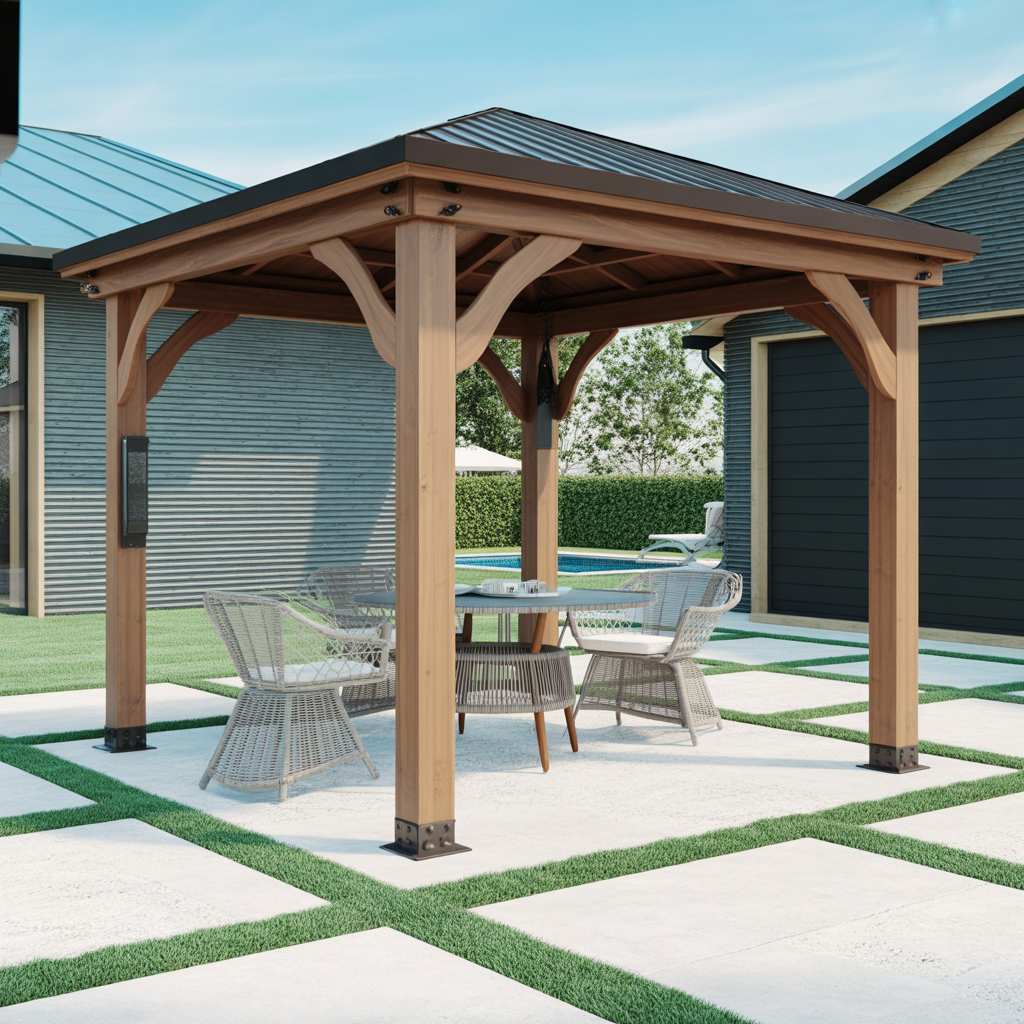 Modern Wooden Gazebo – Outdoor Patio Pavilion with Metal Roof for Garden & Backyard