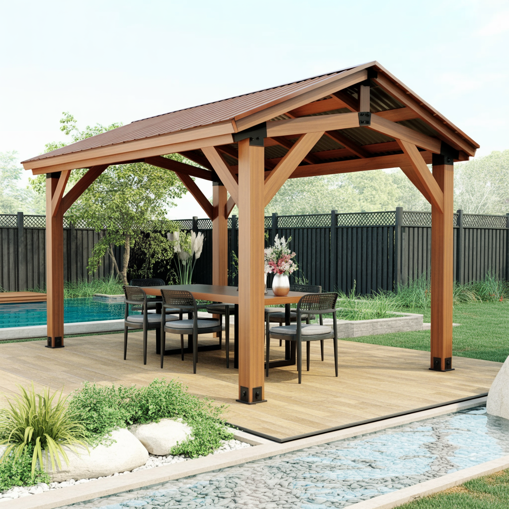 Luxury Wooden Gazebo – Outdoor Pavilion with Metal Roof for Poolside, Patio & Garden