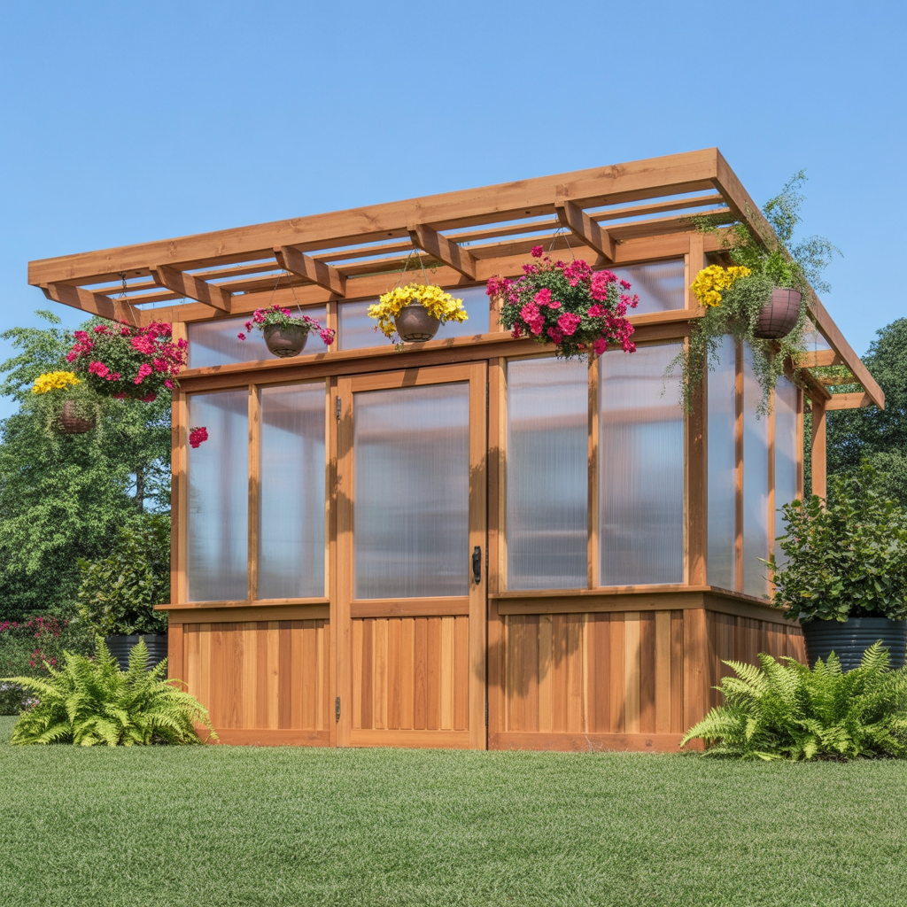 Cedar Wood Greenhouse with Polycarbonate Panels – Outdoor Garden Shed with Pergola Roof & Hanging Flower Planters