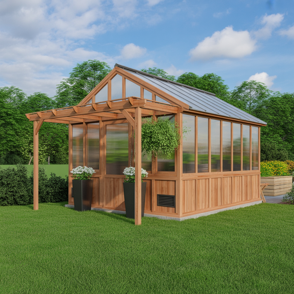 Large Cedar Wood Greenhouse with Polycarbonate Panels – Outdoor Garden Shed with Gable Roof & Pergola Entrance