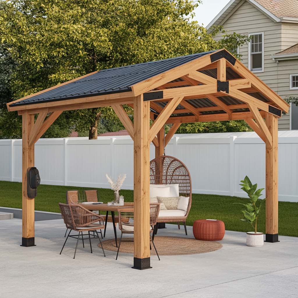 Wooden Backyard Gazebo – Modern Farmhouse Pavilion with Metal Roof for Patio & Garden