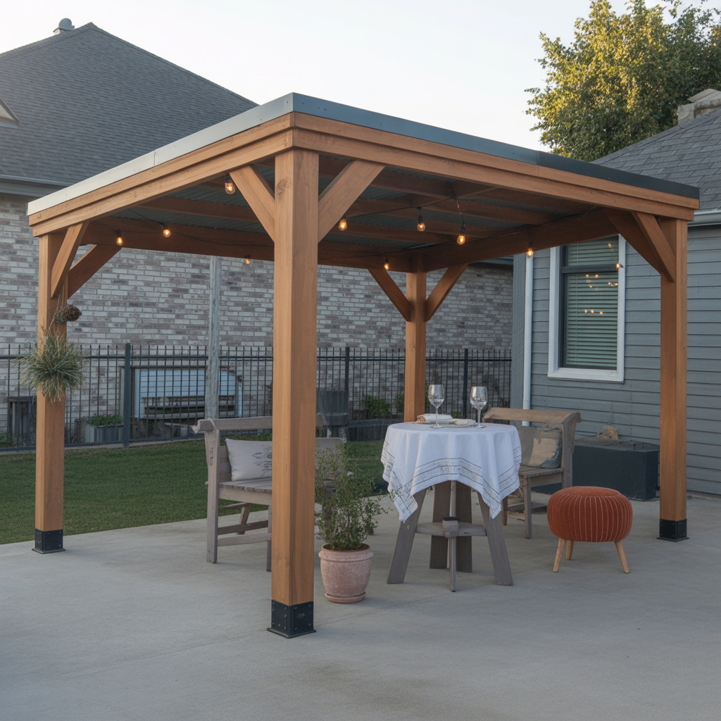 Modern Square Wooden Gazebo with String Lights – Outdoor Patio Pergola for Backyard Dining