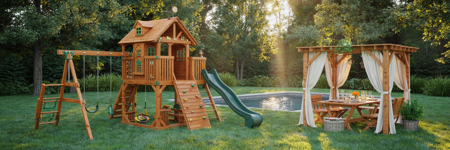 Wooden playset with slides and swings in a backyard setting.