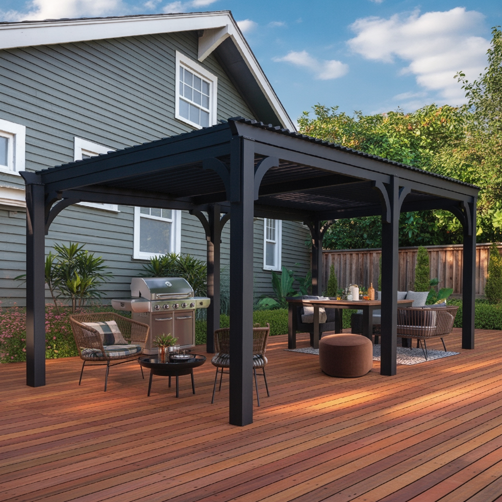 Modern Black Metal Pergola – Outdoor Gazebo Pavilion for Backyard, Patio, or Deck