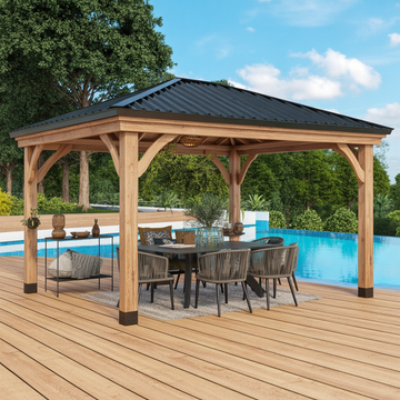 Modern Wooden Gazebo with Black Metal Roof – Outdoor Poolside Pavilion for Patio & Garden