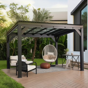 Modern Black Metal Gazebo – Outdoor Patio Pavilion with Flat Roof & Glass Panels