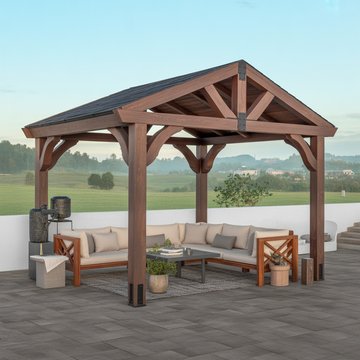 Dark Wood Outdoor Gazebo – Solid Wood Pavilion with Gable Roof, Patio & Garden Shelter