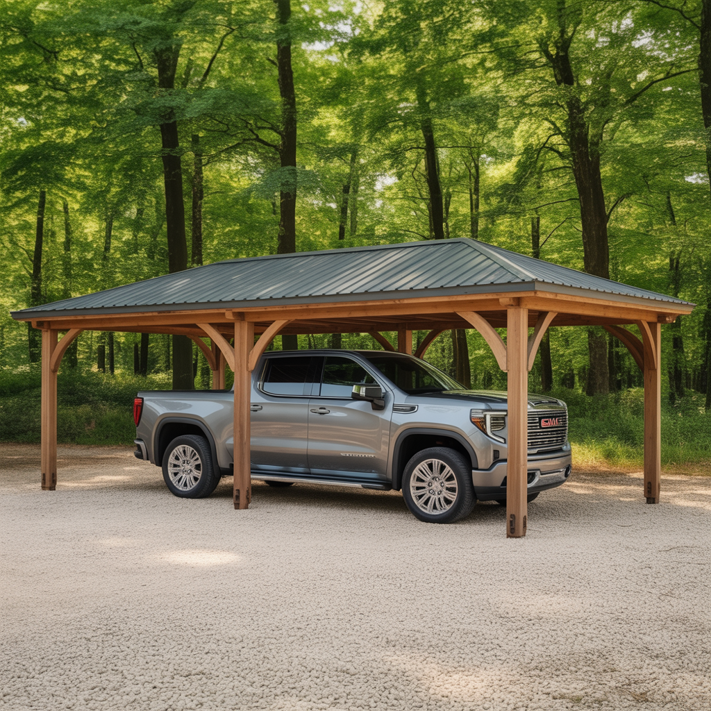 Wooden Carport with Black Steel Roof – Outdoor Vehicle Shelter for Trucks, SUVs & Cars