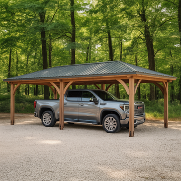 Wooden Carport with Black Steel Roof – Outdoor Vehicle Shelter for Trucks, SUVs & Cars