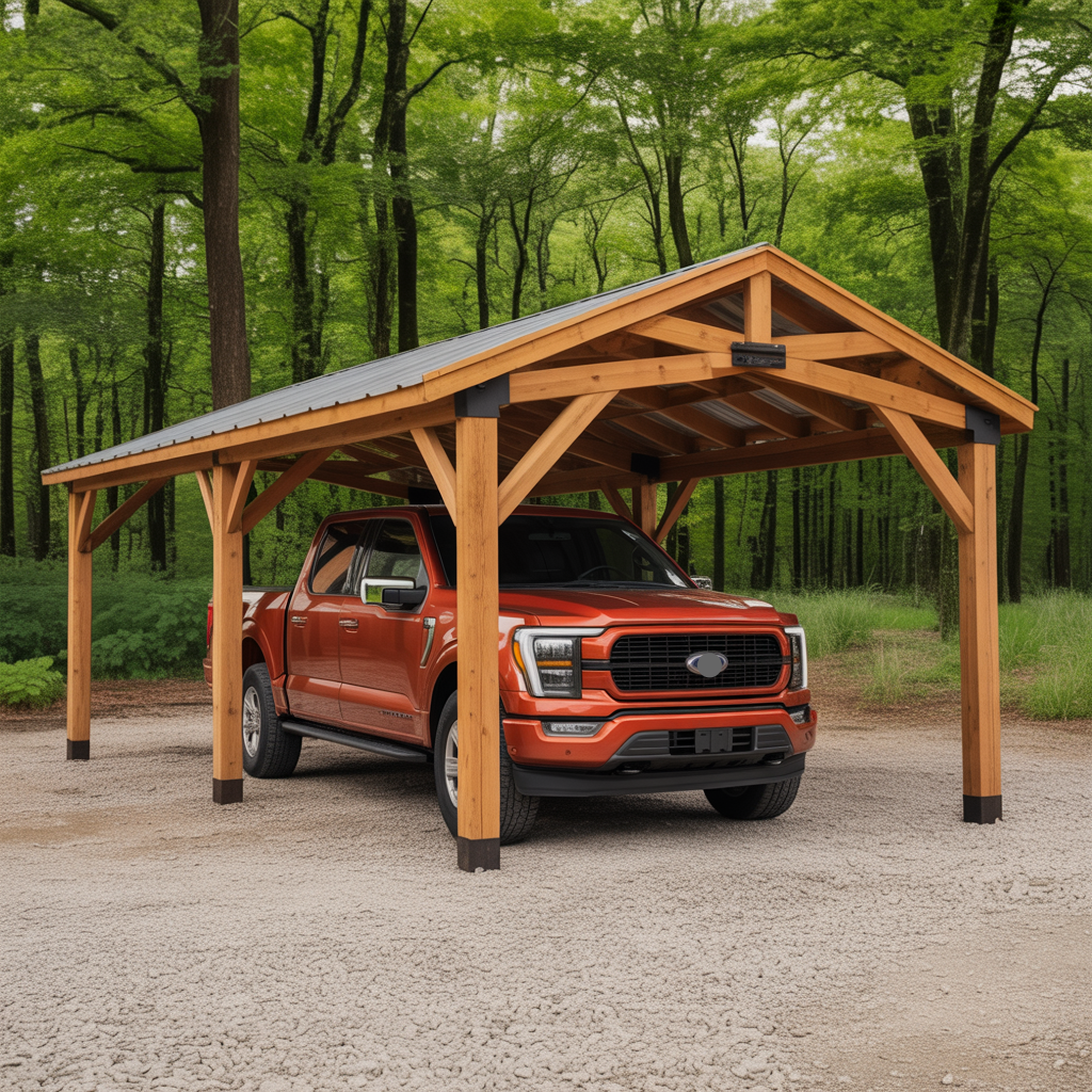 Heavy-Duty Wooden Carport with Metal Roof – Outdoor Car Shelter for Trucks, Cars & SUVs