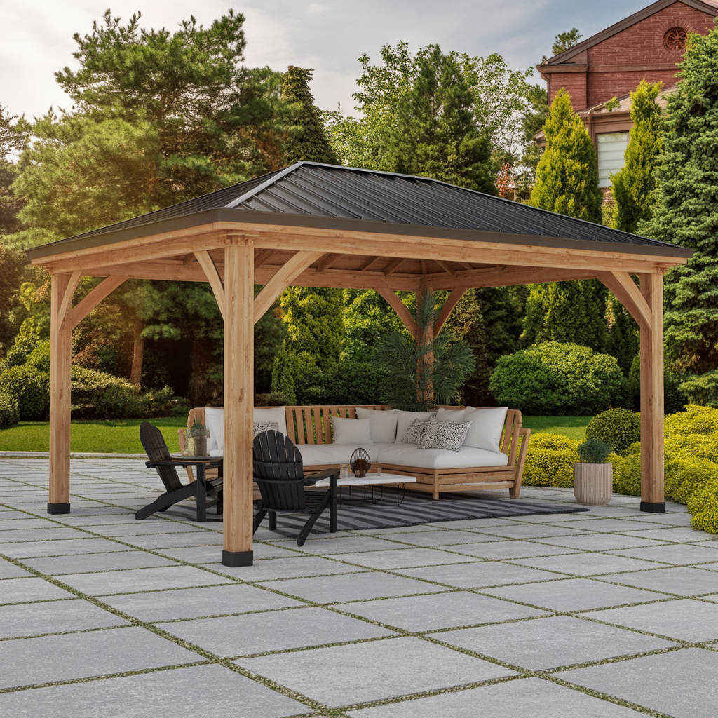 Luxury Wooden Gazebo with Black Metal Roof – Outdoor Garden Pavilion for Patio & Backyard