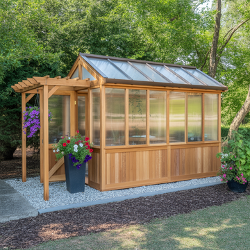 Cedar Wood Greenhouse with Polycarbonate Panels – Outdoor Garden Shed with Gable Roof & Pergola Entry