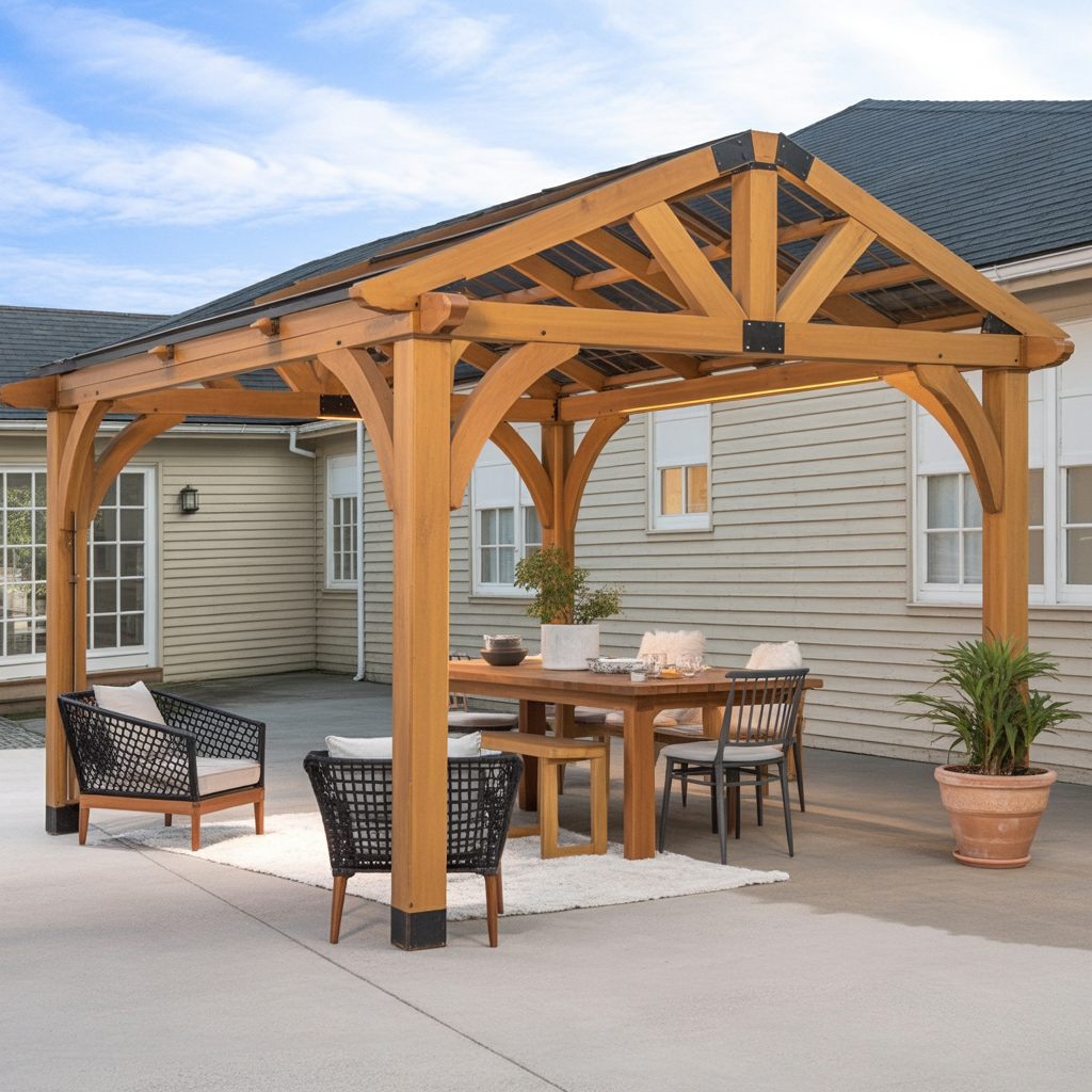 Wooden Patio Gazebo – Outdoor Dining Pavilion with Open Roof Design, Backyard Shelter