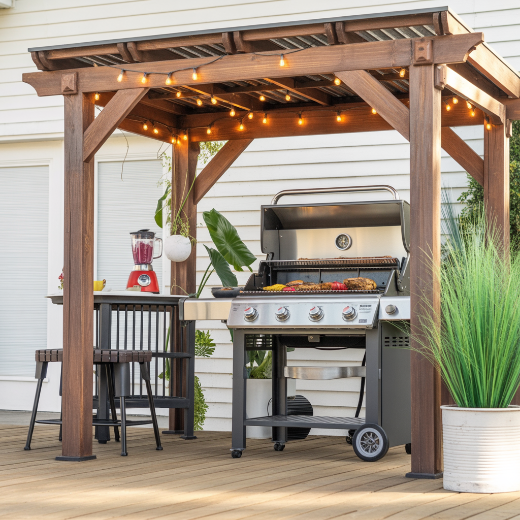 Wooden BBQ Pergola Gazebo – Outdoor Grill Shelter with Bar Counter and Lights