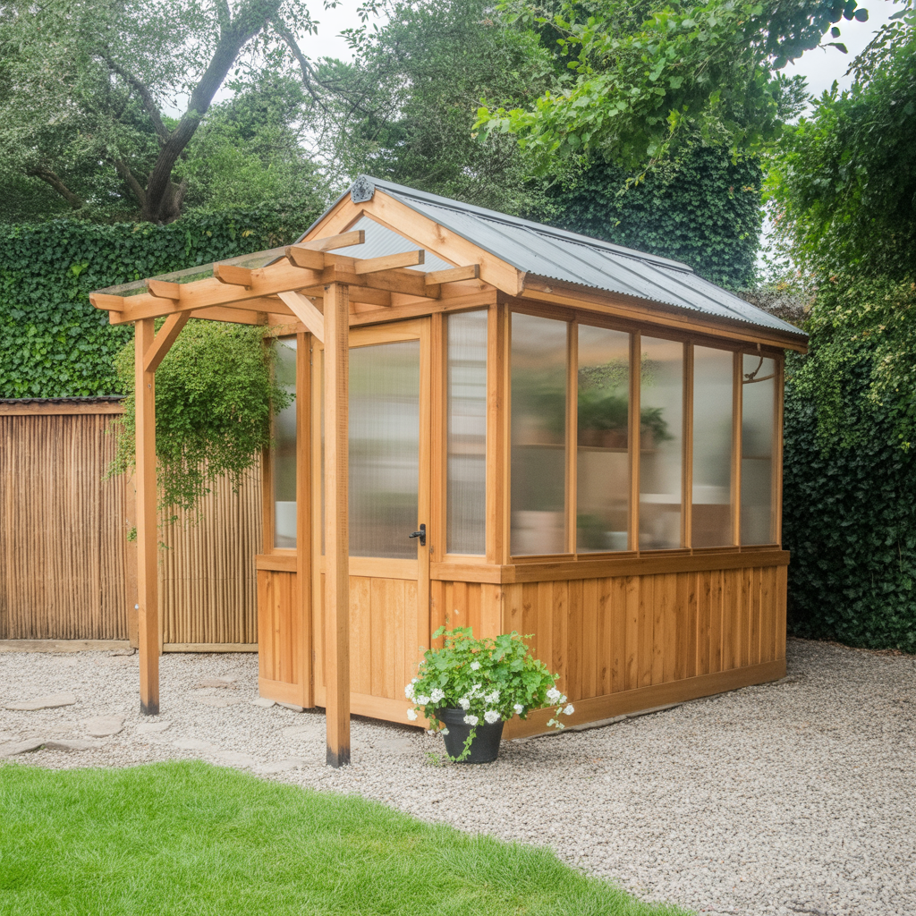 Cedar Wood Greenhouse with Polycarbonate Panels – Outdoor Garden Shed with Pergola Entrance