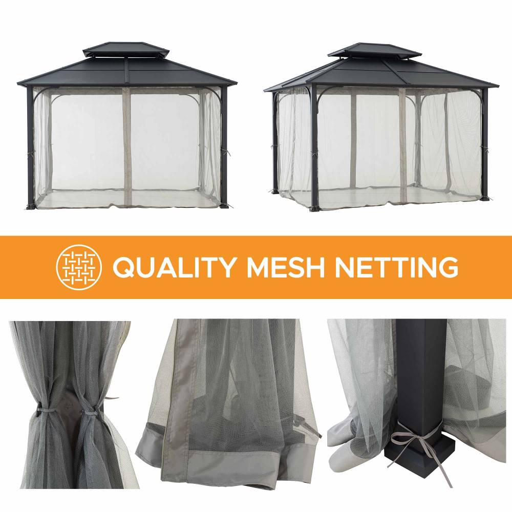 Mazonvintage 10x12 Metal Hardtop Gazebo with Netting and Ceiling Hook -Black