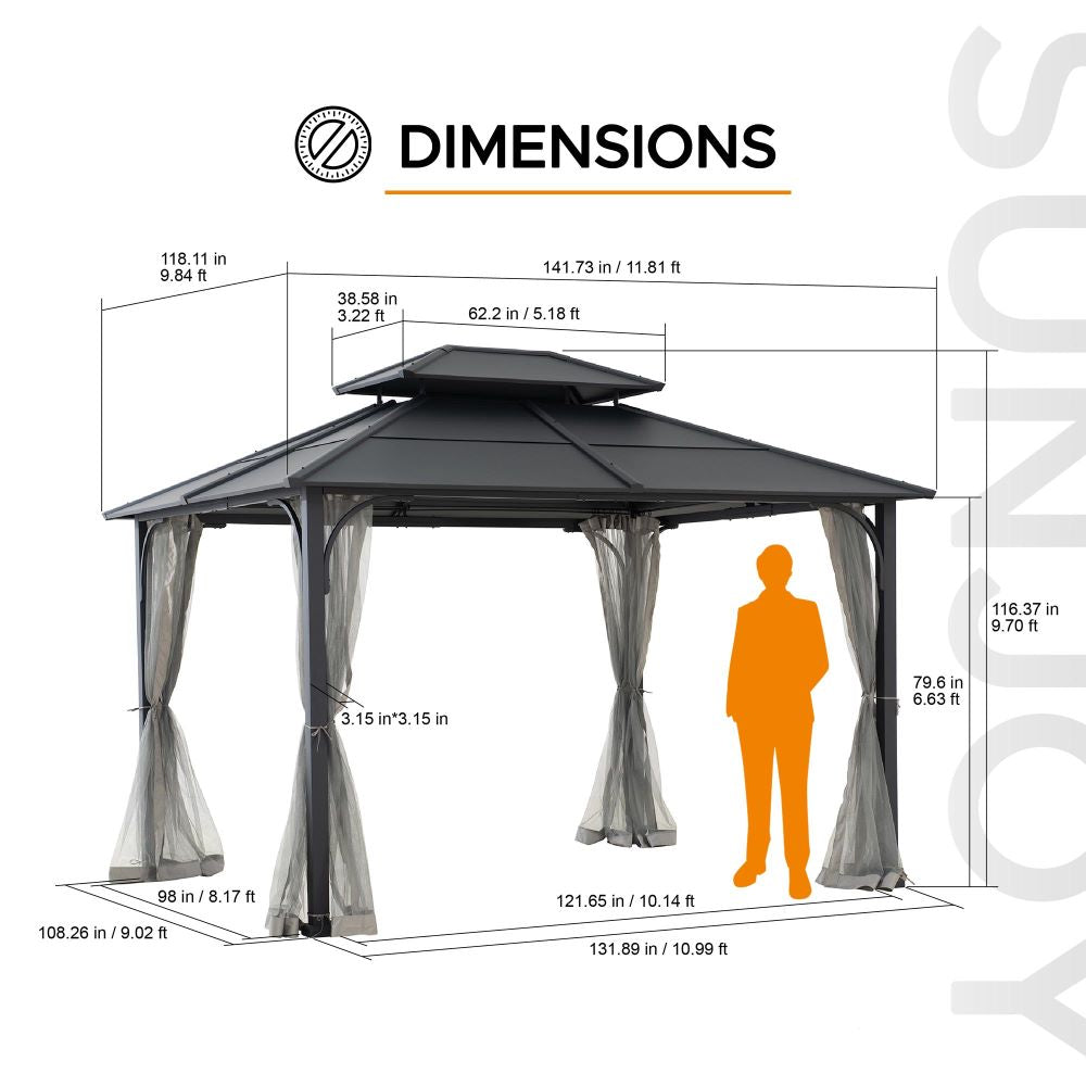 Mazonvintage 10x12 Metal Hardtop Gazebo with Netting and Ceiling Hook -Black