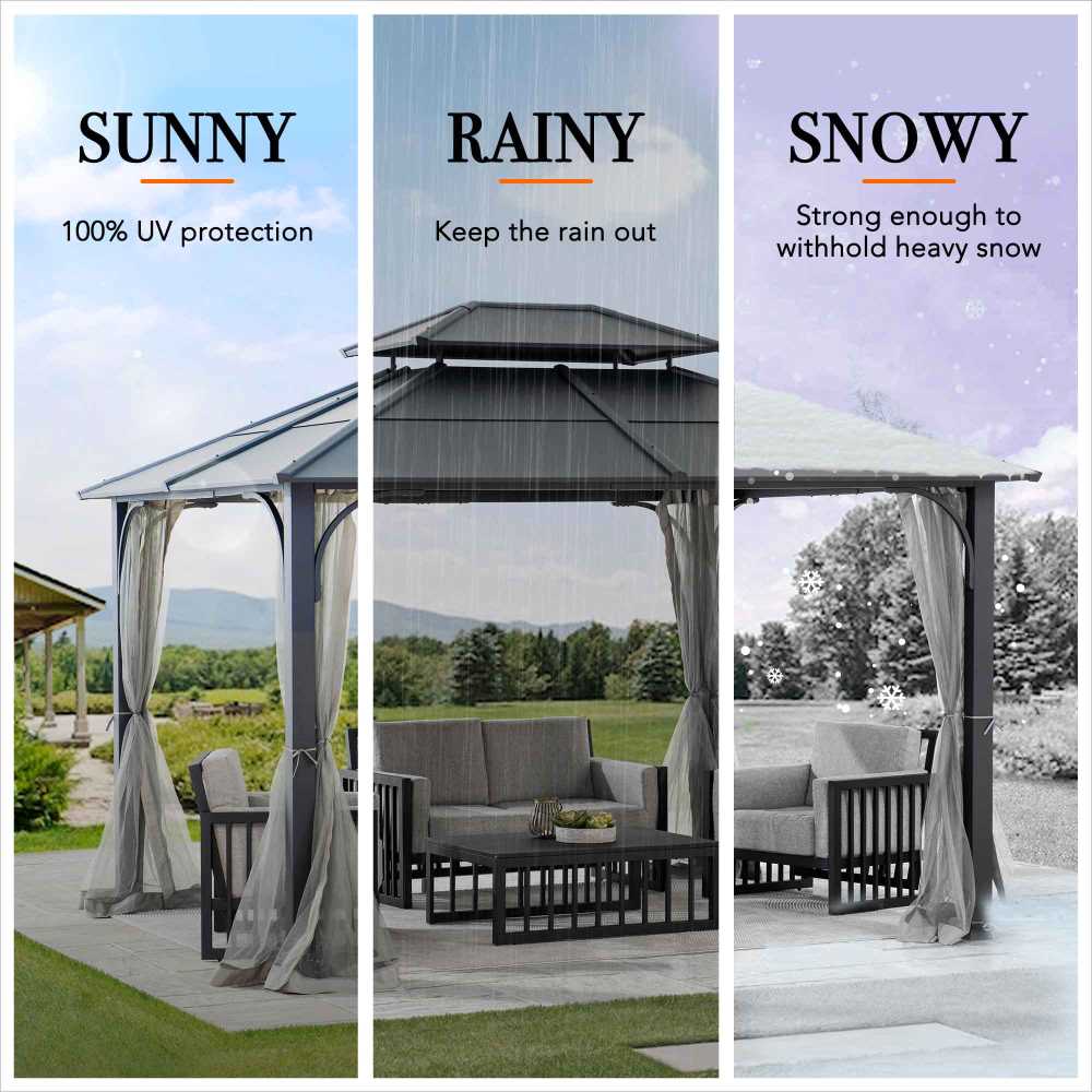 Mazonvintage 10x12 Metal Hardtop Gazebo with Netting and Ceiling Hook -Black