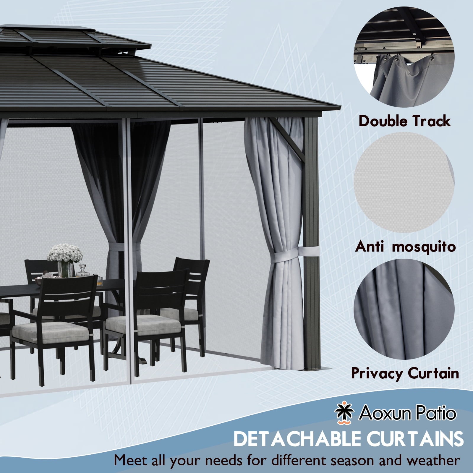 Mazonvintage 12'x16’Outdoor Hardtop Gazebo, Galvanized  Double Roof Aluminum Pavilion with Netting and Curtains for Garden, Patio, Lawns, Gray
