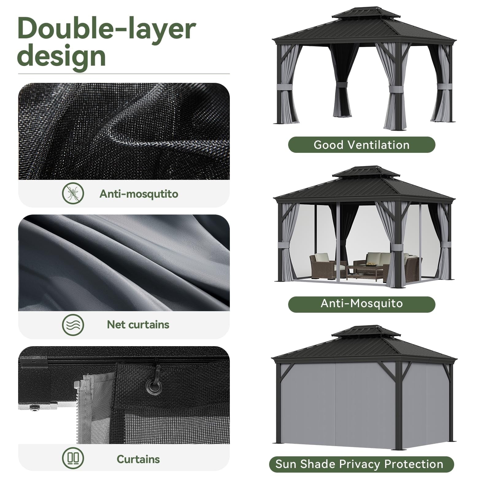 Mazonvintage 10' x 12' Hardtop Gazebo, Galvanized Steel Double Top, Permanent Aluminum Gazebo, Outdoor Metal Gazebo with Privacy Curtains and Mosquito Netting, for Parties, Gardens, Decks, Patios, Lawns