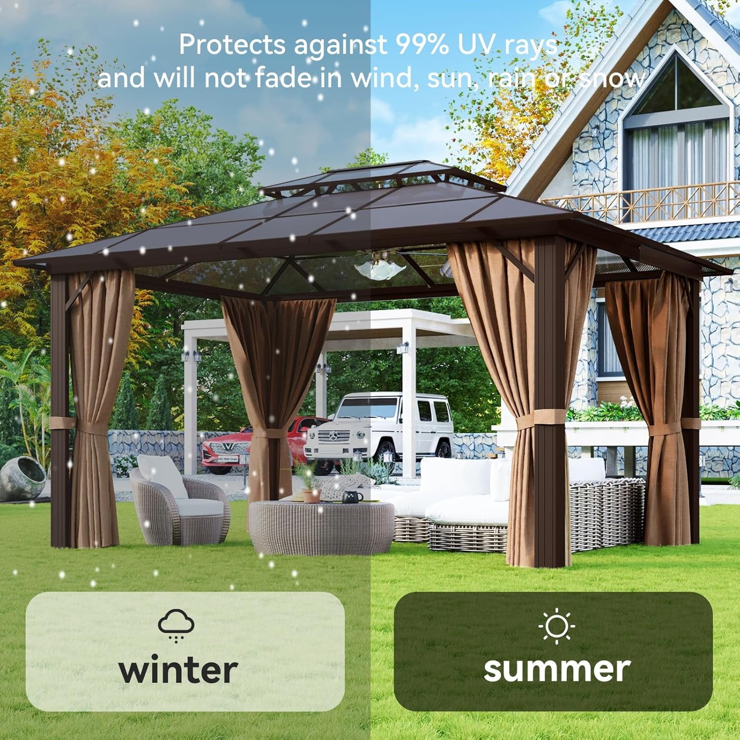 Mazonvintage 10'x13' Hardtop Gazebo, Aluminum Frame Permanent Pavilion with Curtains and Netting, Outdoor Polycarbonate Gazebo, Double Roof Canopy, for Gardens, Patios, Lawns