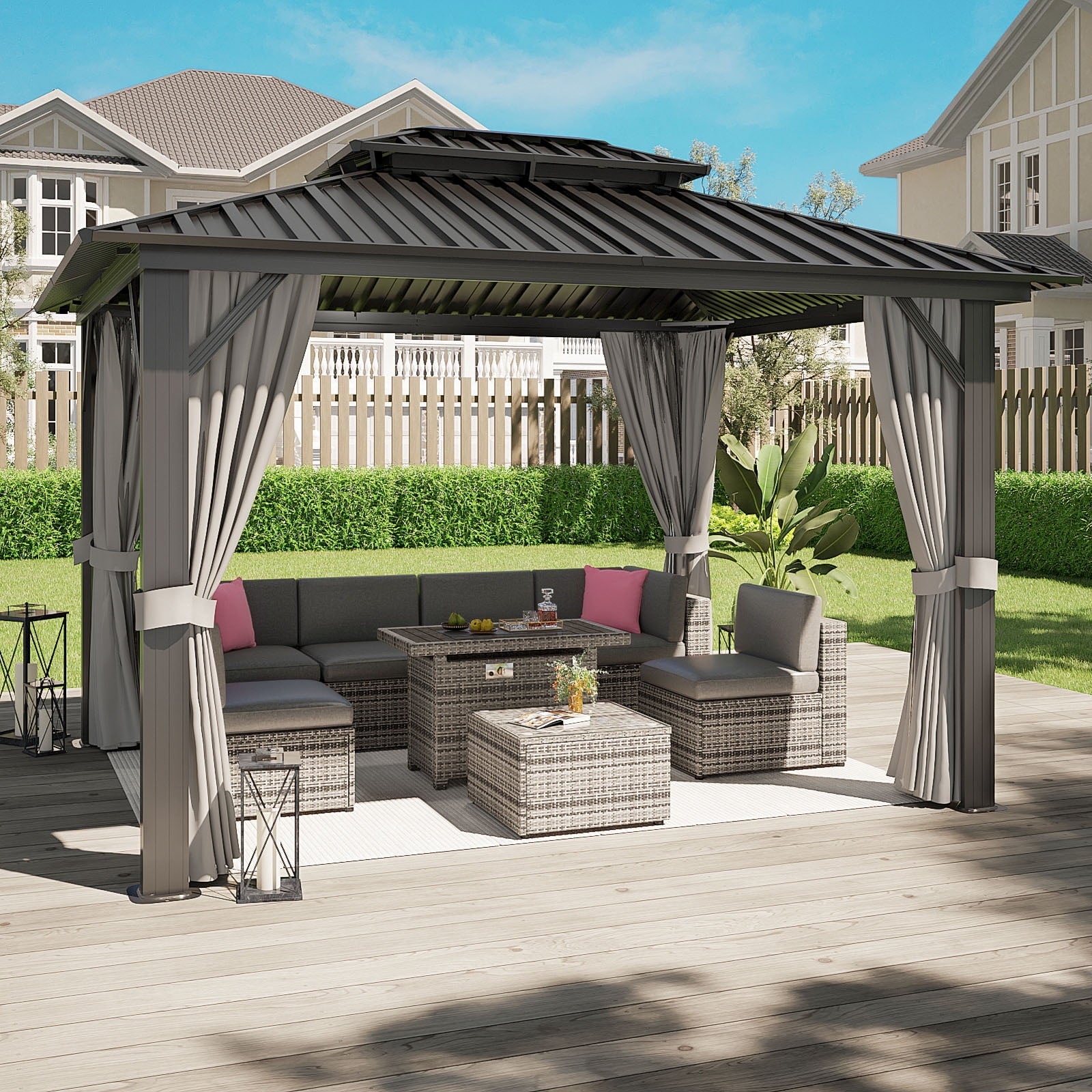 Mazonvintage 10'x12' Hardtop Gazebo, Outdoor Steel Double Roof Canopy, Aluminum Frame Permanent Pavilion with Curtains and Netting, Sunshade for Garden, Patio, Lawns, Black
