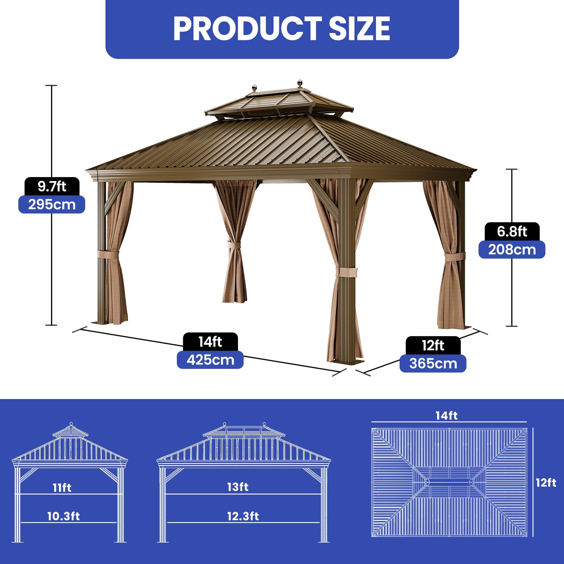 Mazonvintage 12' x 14'  Mazonvintage Gazebo with Netting & Curtains, Heavy Duty Double Roof Galvanized Steel Garden Tent for Patio, Mazonvintage, Bronze