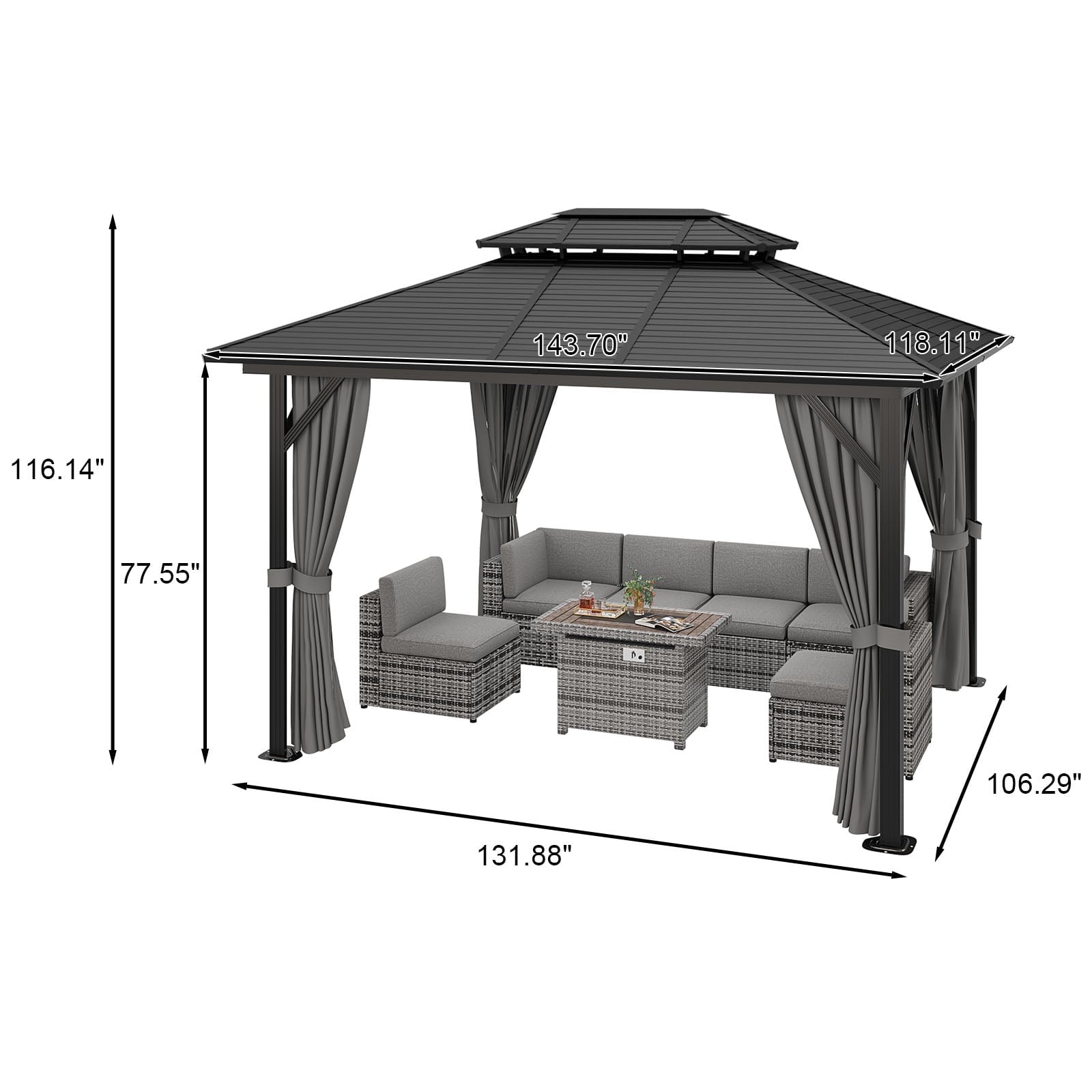 Mazonvintage 12' x 10' Double Roof Hardtop Gazebo, Aluminum Frame with Netting & Curtains