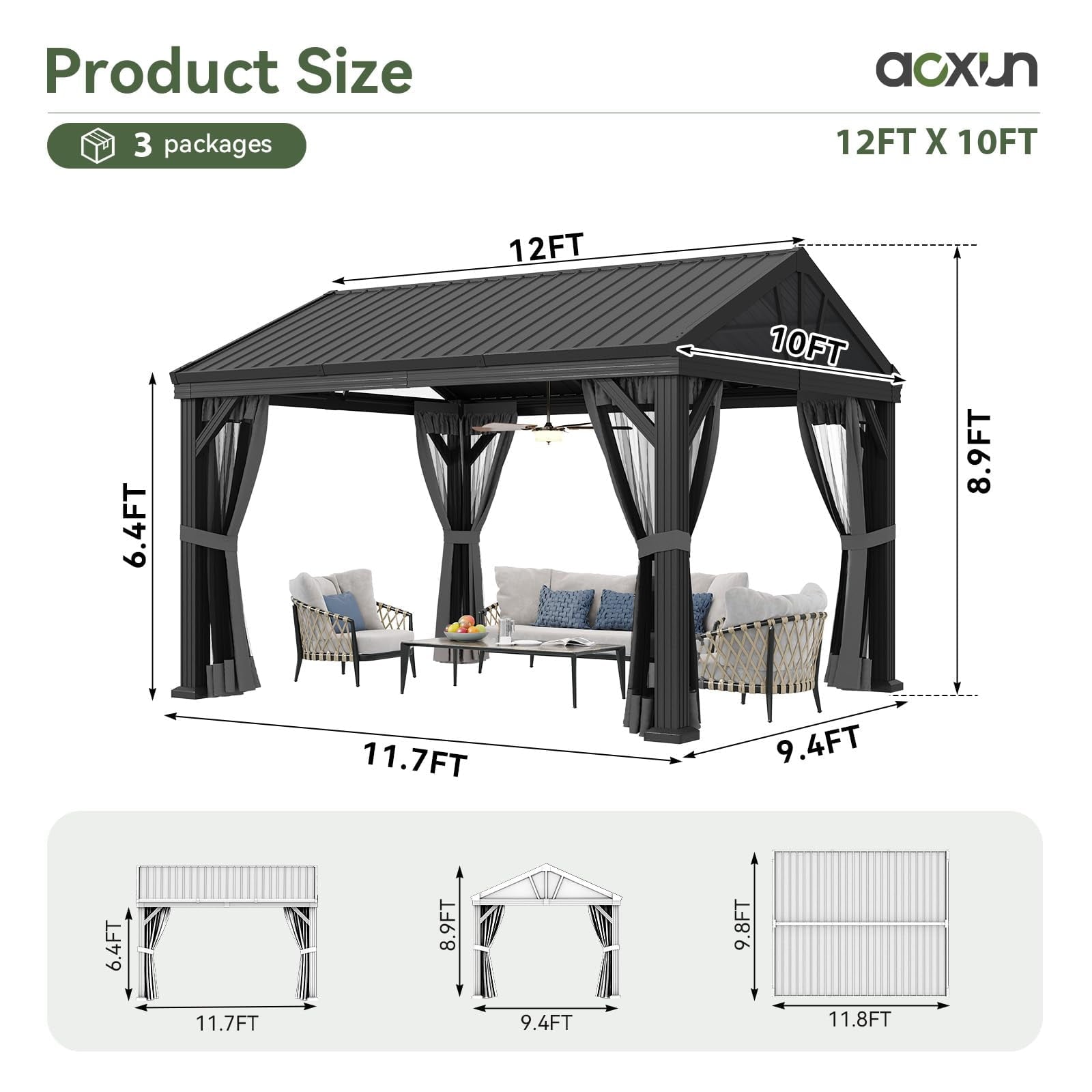 Mazonvintage 10' X 12' Hardtop Gazebo, Aluminum Outdoor Gazebo with Galvanized Steel Gable Roof Canopy, Patio Permanent Metal Gazebo Pavilion with Netting, for Garden, Backyard, Deck