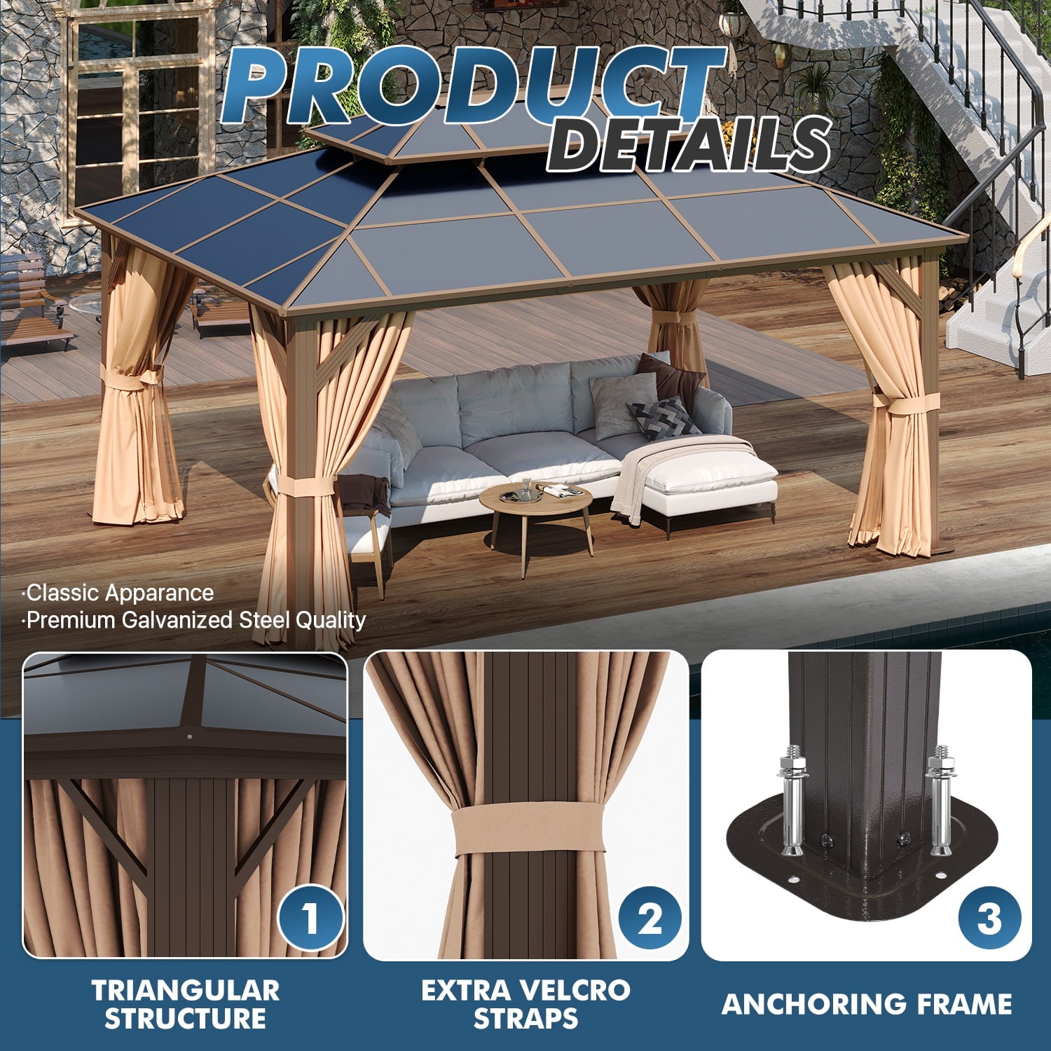 Mazonvintage 12' x 16'Hardtop Gazebo,Polycarbonate Double Roof,Aluminum Frame with Curtains and Netting for Patio,Garden,Brown