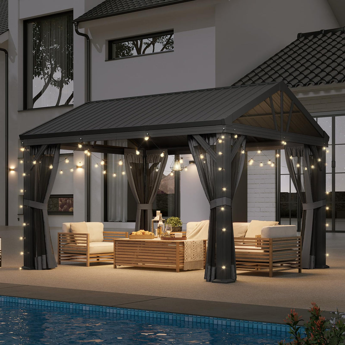 Mazonvintage 10' X 12' Hardtop Gazebo, Aluminum Outdoor Gazebo with Galvanized Steel Gable Roof Canopy, Patio Permanent Metal Gazebo Pavilion with Netting, for Garden, Backyard, Deck