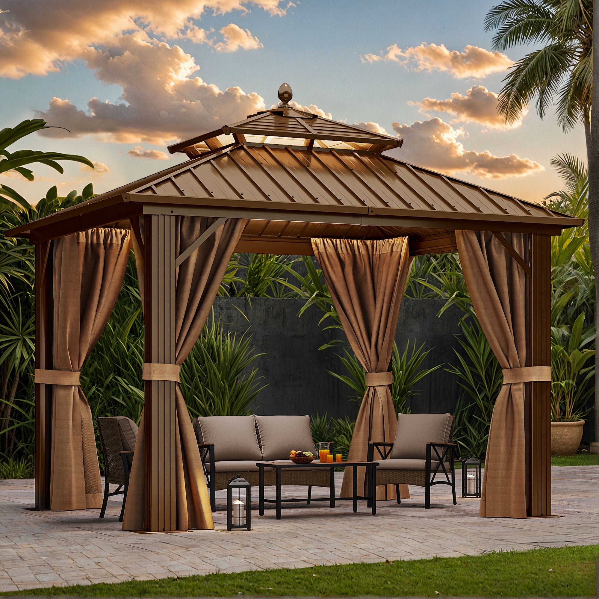 Mazonvintage 10' x 10' Double Roof Gazebo: Heavy Duty Galvanized Steel wit Netting and Curtains in Bronze