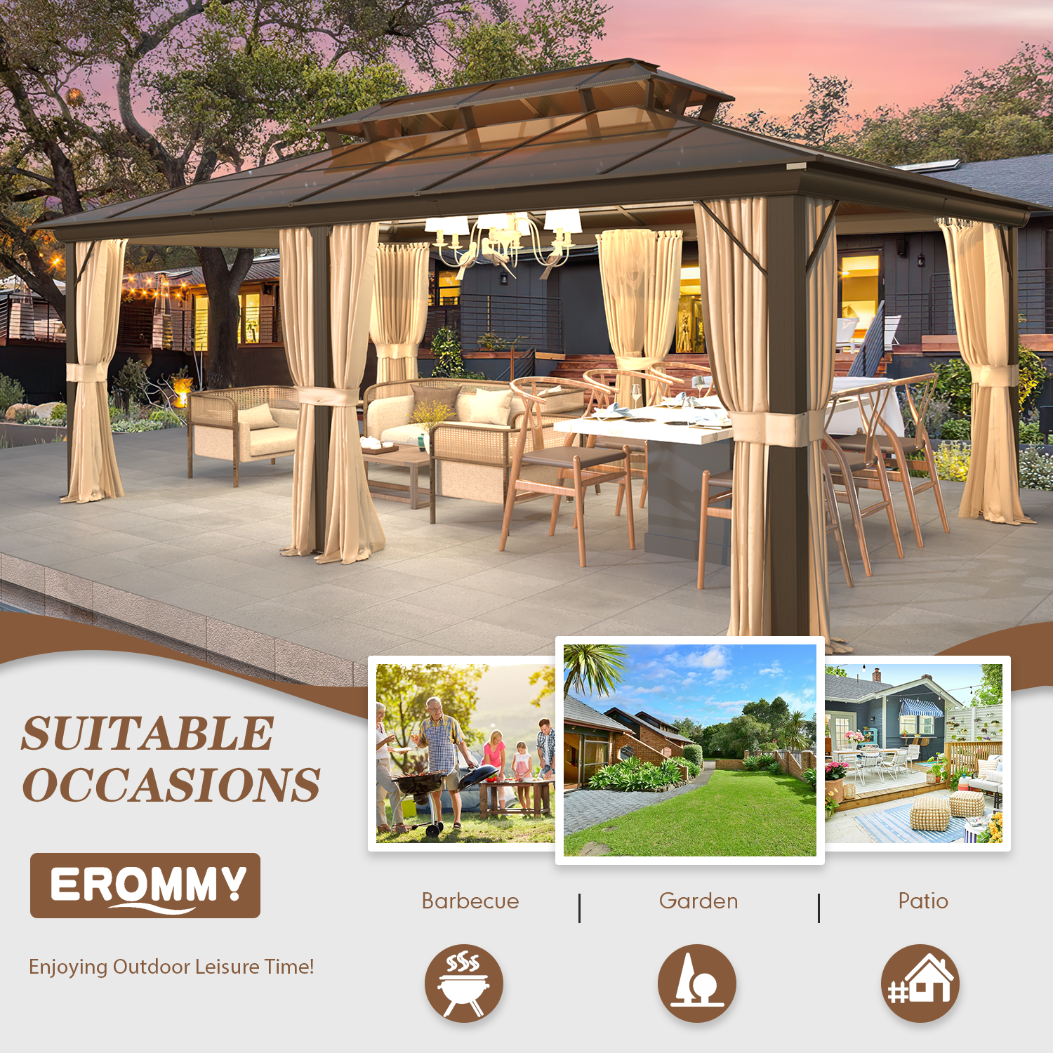 Mazonvintage 12'x20' Gazebo Polycarbonate Double Roof Canopy with Aluminum Frame, Outdoor Permanent Metal Pavilion with Netting and Curtains for Garden Patio Lawns