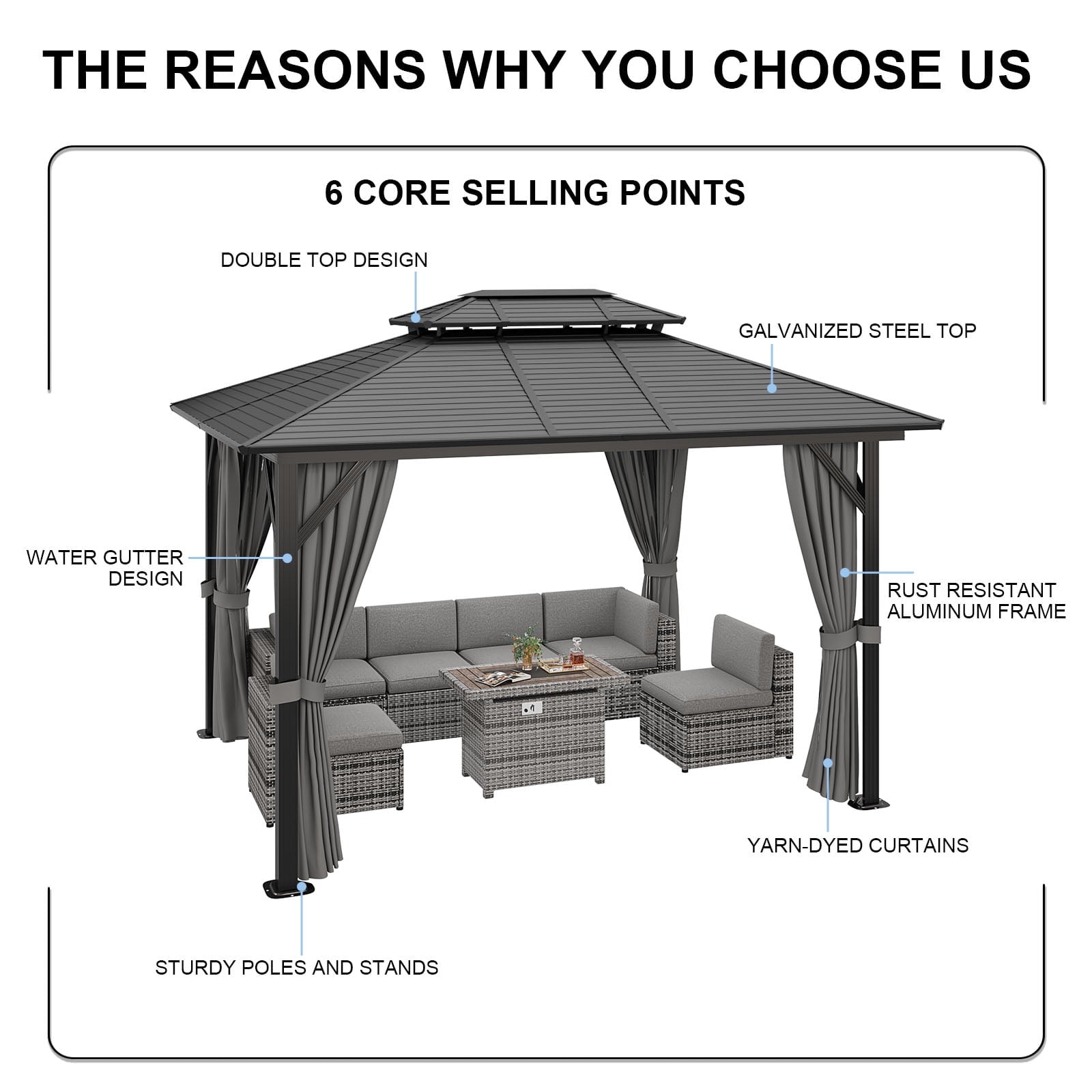 Mazonvintage 12' x 10' Double Roof Hardtop Gazebo, Aluminum Frame with Netting & Curtains