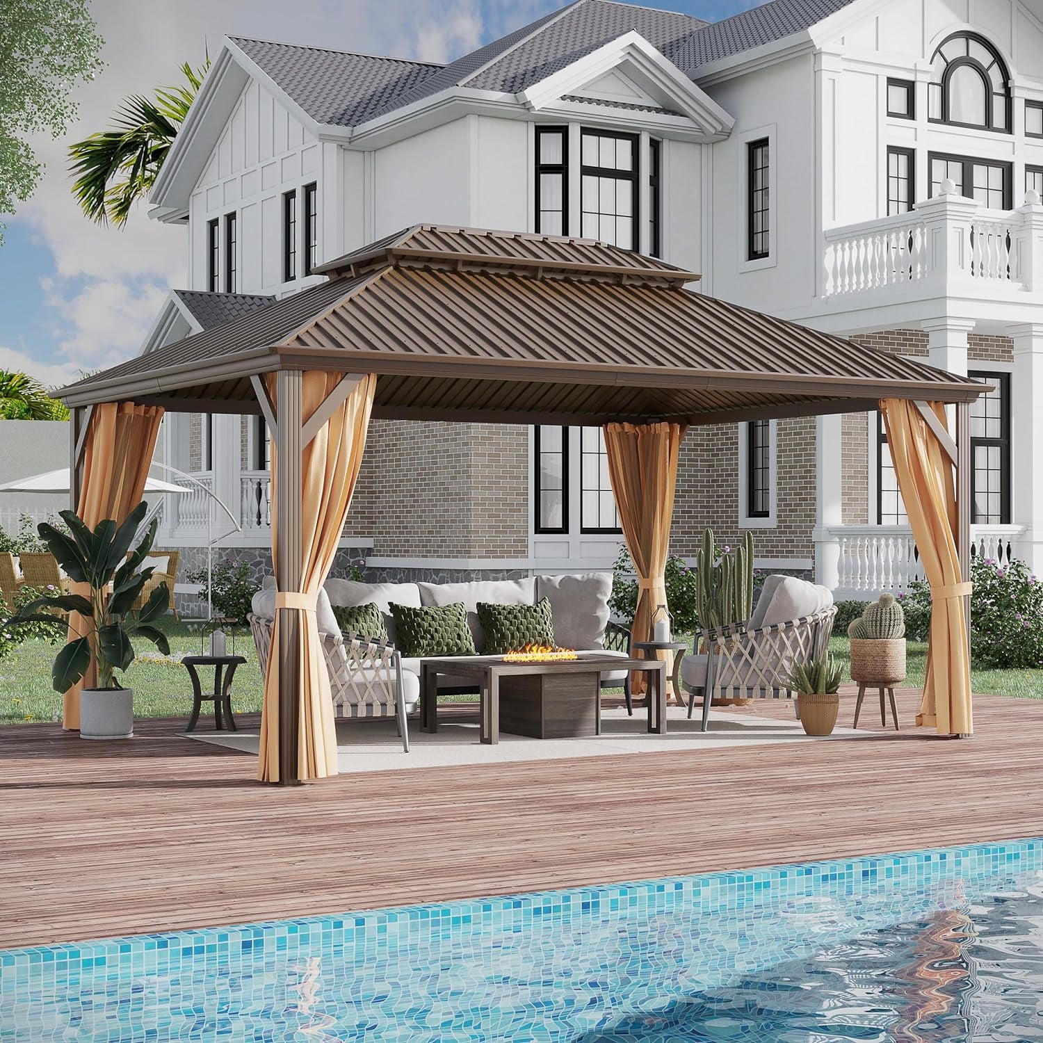 MazonvintageR 12' x 16' Hardtop Gazebo, Brown, Double Roof, Galvanized Steel, Netting & Curtains