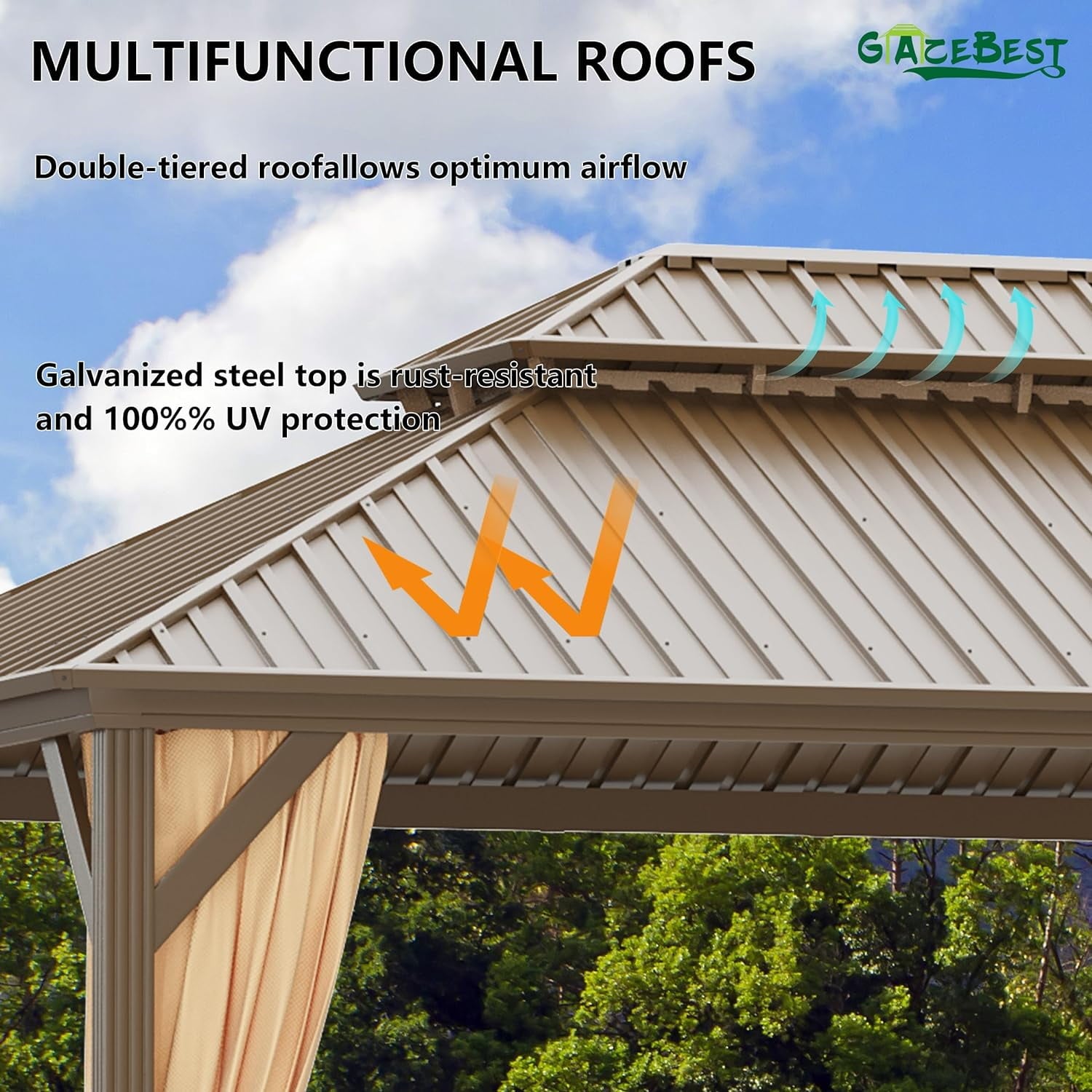 Mazonvintage 12' x 16' Mazonvintage Gazebo, Brown, Double Roof, Galvanized Steel, Netting & Curtains