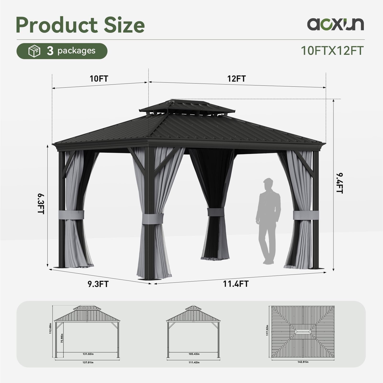 Mazonvintage 10' x 12' Hardtop Gazebo, Galvanized Steel Double Top, Permanent Aluminum Gazebo, Outdoor Metal Gazebo with Privacy Curtains and Mosquito Netting, for Parties, Gardens, Decks, Patios, Lawns