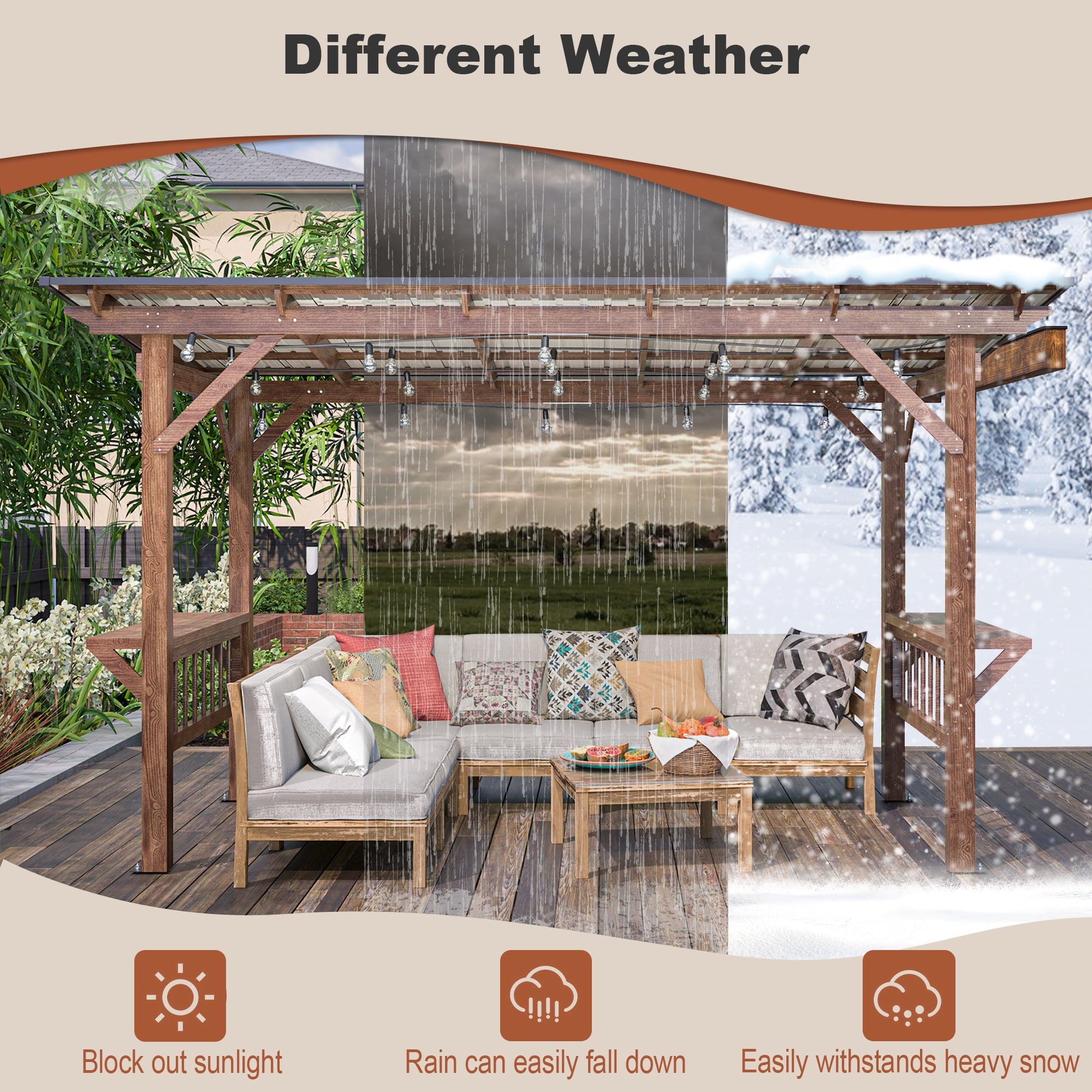 13' x 6.5' Wooden Grill Gazebo with Metal Roof, Bulbs & Bar Counters - Weather-Resistant BBQ Shelter