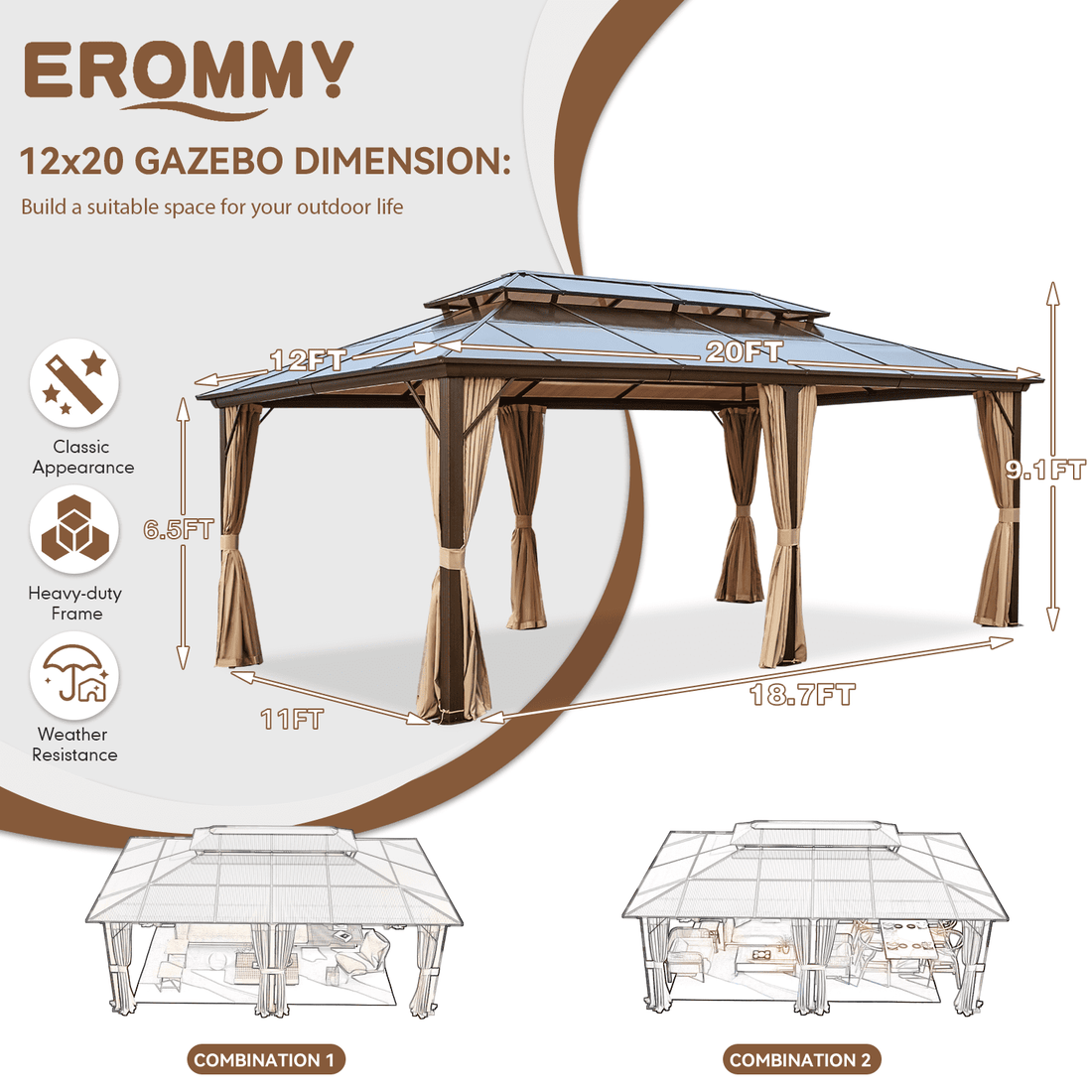 Mazonvintage 12'x20' Gazebo Polycarbonate Double Roof Canopy with Aluminum Frame, Outdoor Permanent Metal Pavilion with Netting and Curtains for Garden Patio Lawns