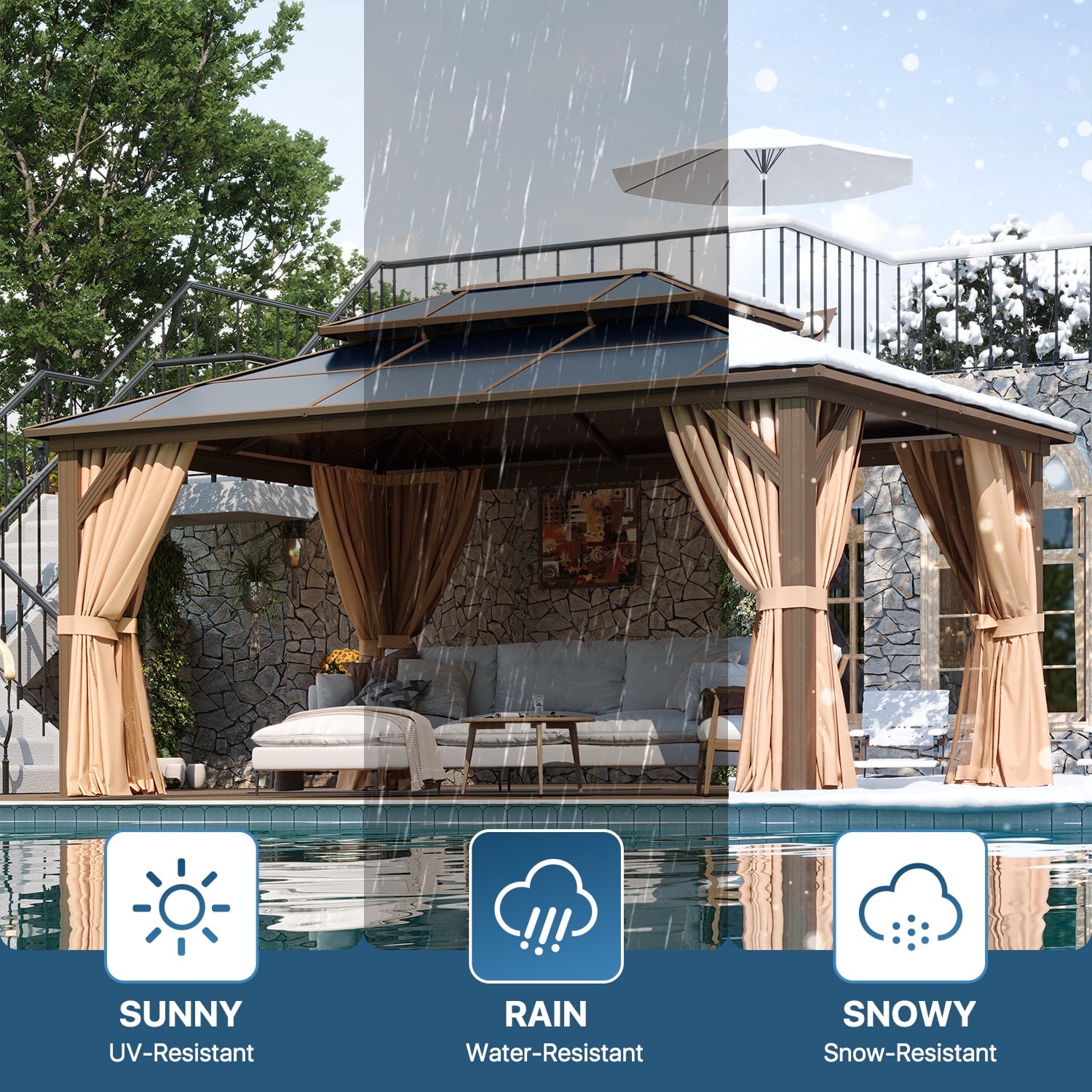 Mazonvintage 12' x 16'Hardtop Gazebo,Polycarbonate Double Roof,Aluminum Frame with Curtains and Netting for Patio,Garden,Brown