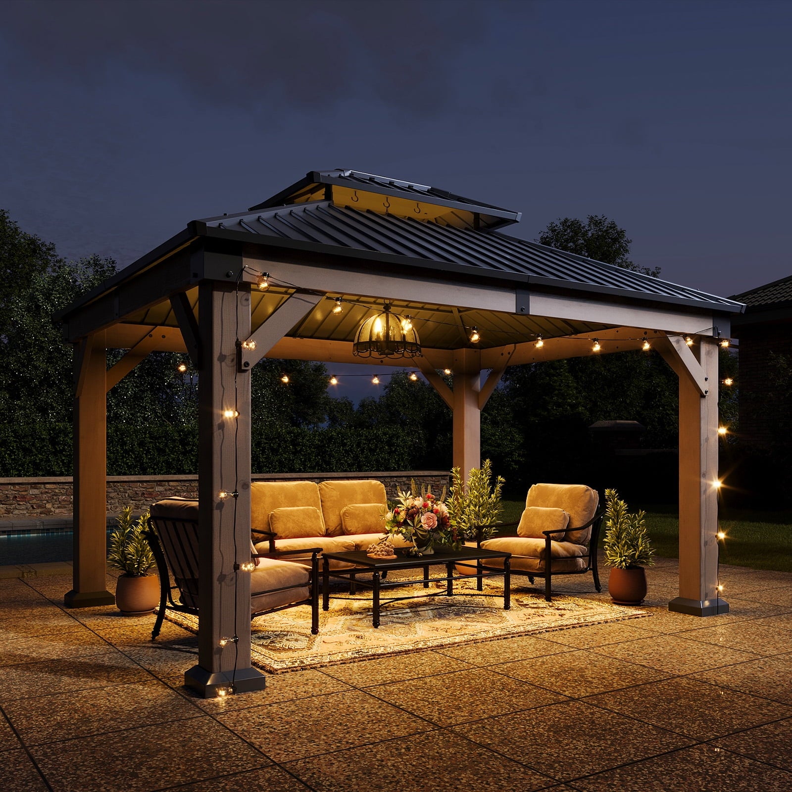 Mazonvintage 10' x 12' Outdoor Wood Gazebo, Hardtop Gazebo Permanent Wooden Pavilion with Galvanized Steel Double Roof, for Patio, Garden, Deck, Cedar Wood