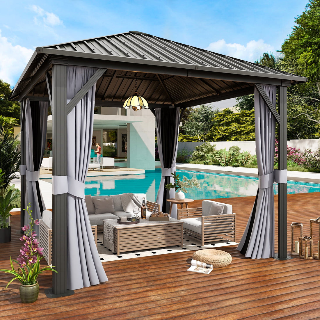 Mazonvintage 10x 10 Hardtop Gazebo, Outdoor Aluminum Frame Canopy with Netting and Curtain for Garden, Patio, Lawns, Gray