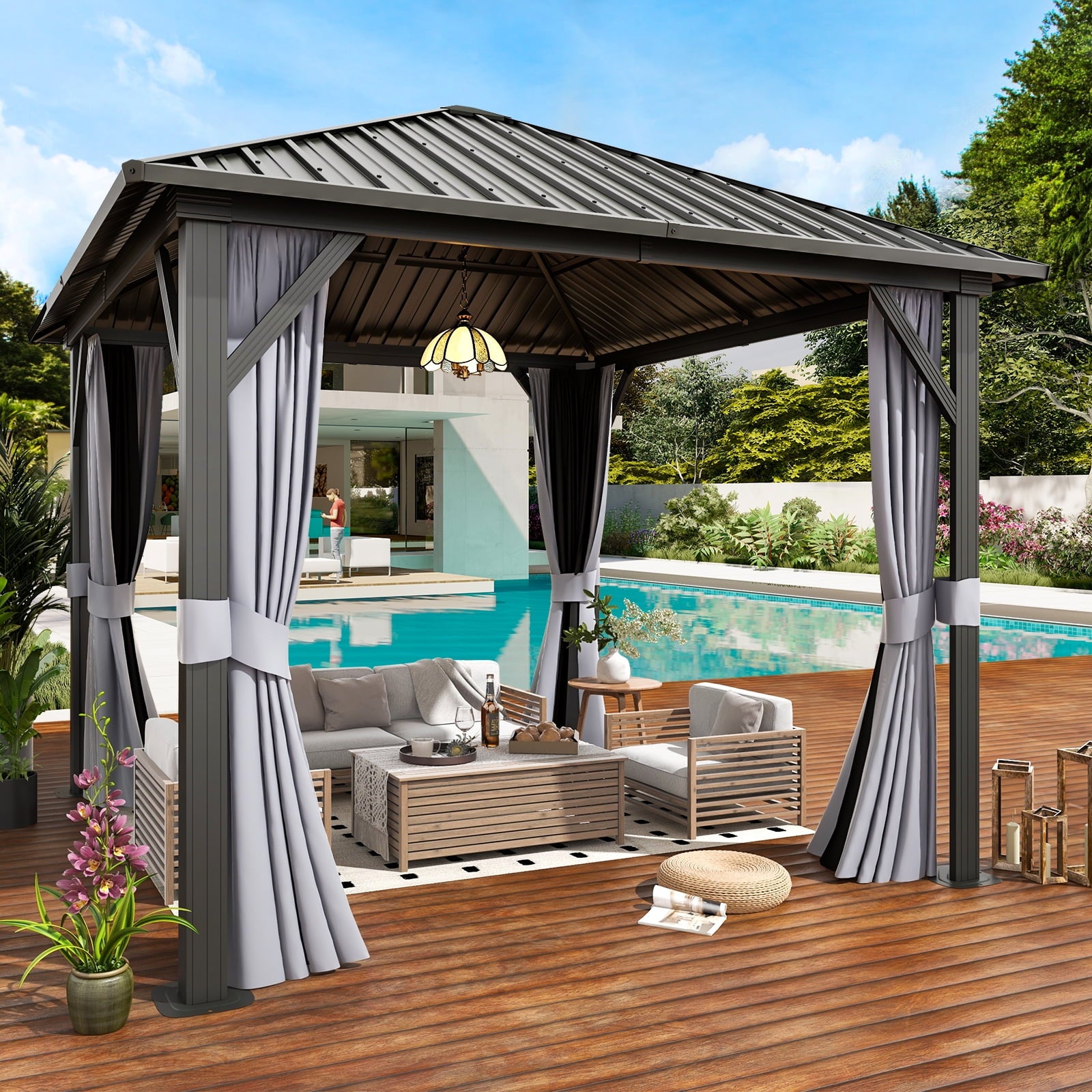 Mazonvintage 10x 10 Hardtop Gazebo, Outdoor Aluminum Frame Canopy with Netting and Curtain for Garden, Patio, Lawns, Gray