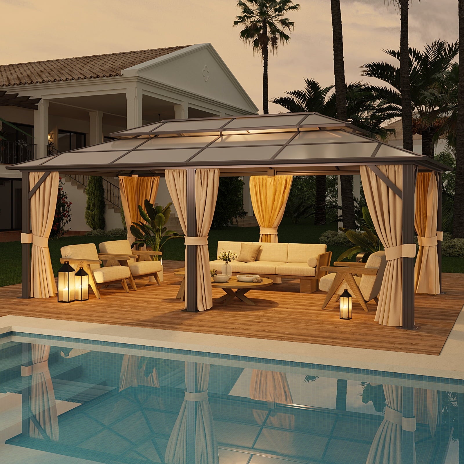Mazonvintage 12x20FT Hardtop Gazebo, Aluminum Frame Permanent Pavilion with Curtains and Netting, Outdoor Polycarbonate Double Roof Canopy, Designed for Garden, Lawns, Patio