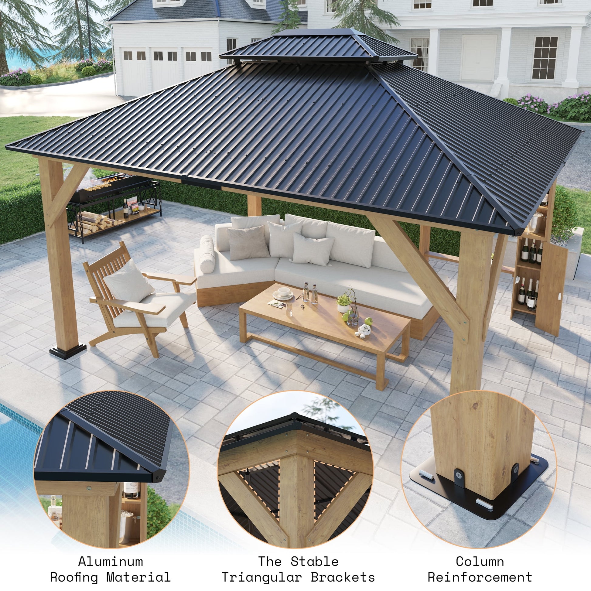 Mazonvintage Wood Gazebo 13'x15', Wind & Rain Resistant Design, Grill Gazebo for Garden, Mazonvintage