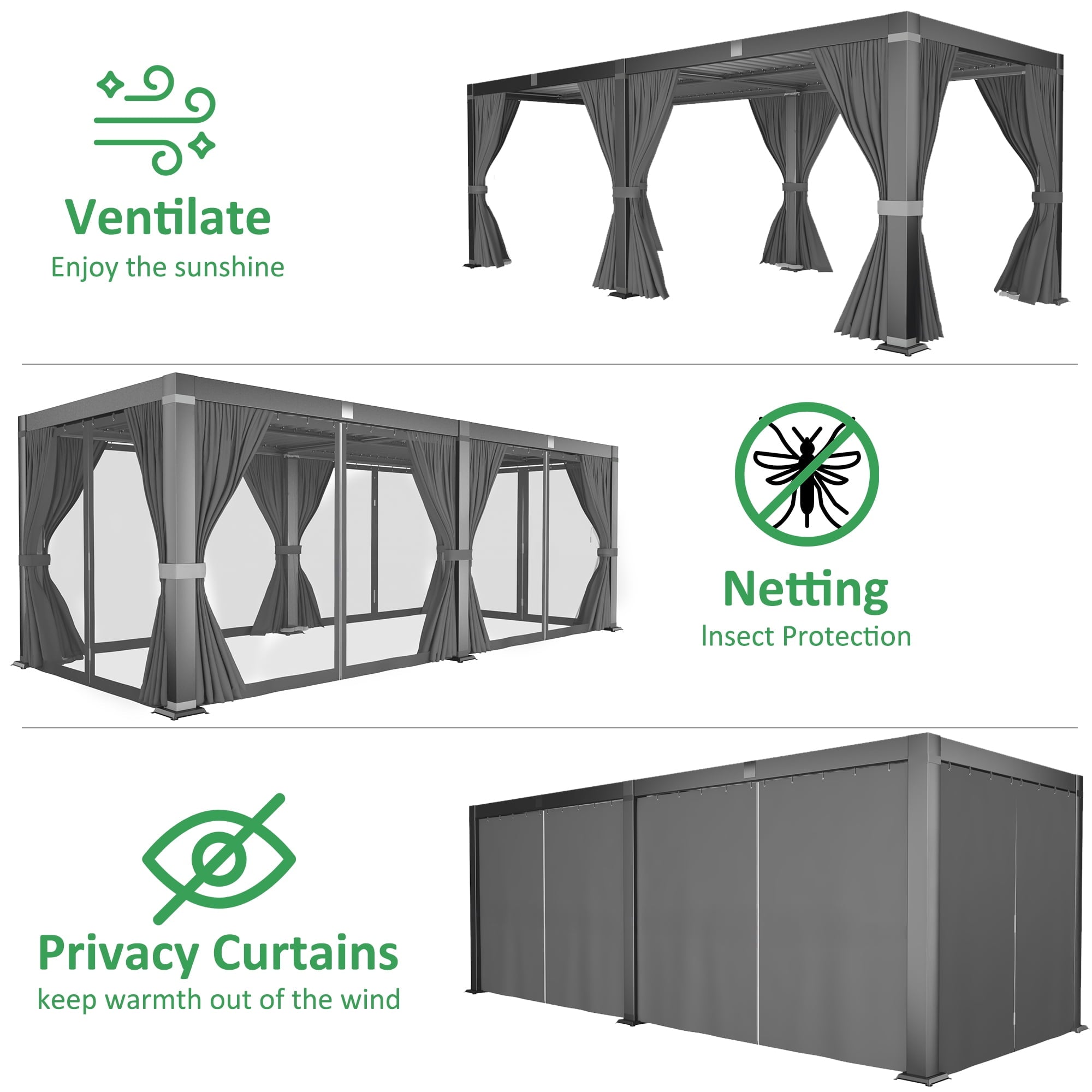 Mazonvintage Outdoor 10x20 FT Louvered Pergola, Aluminum Pergola with Adjustable Louvered Roof for Patio, Deck, Garden, Gray