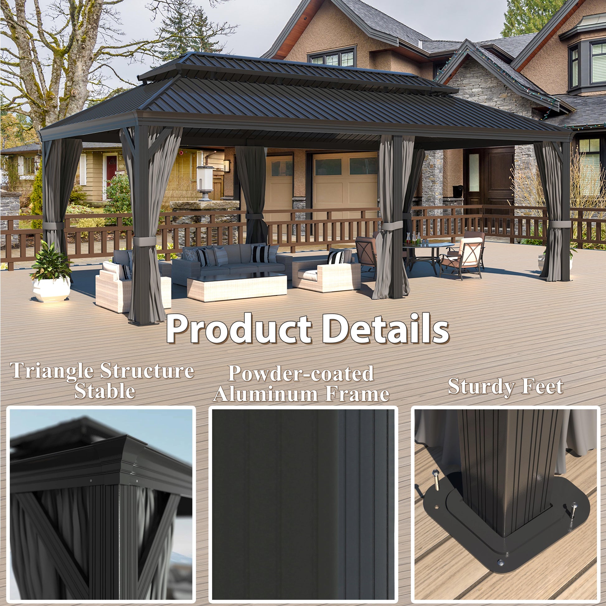 Mazonvintage 20' x 14' Double Roof Hardtop Gazebo with Gutters and Roof Hooks for Patio, Garden